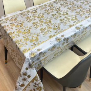 Translucent plastic table cloth rolls with elegant embossed floral and lace patterns, pink and light blue vinyl tablecloth factory supply.