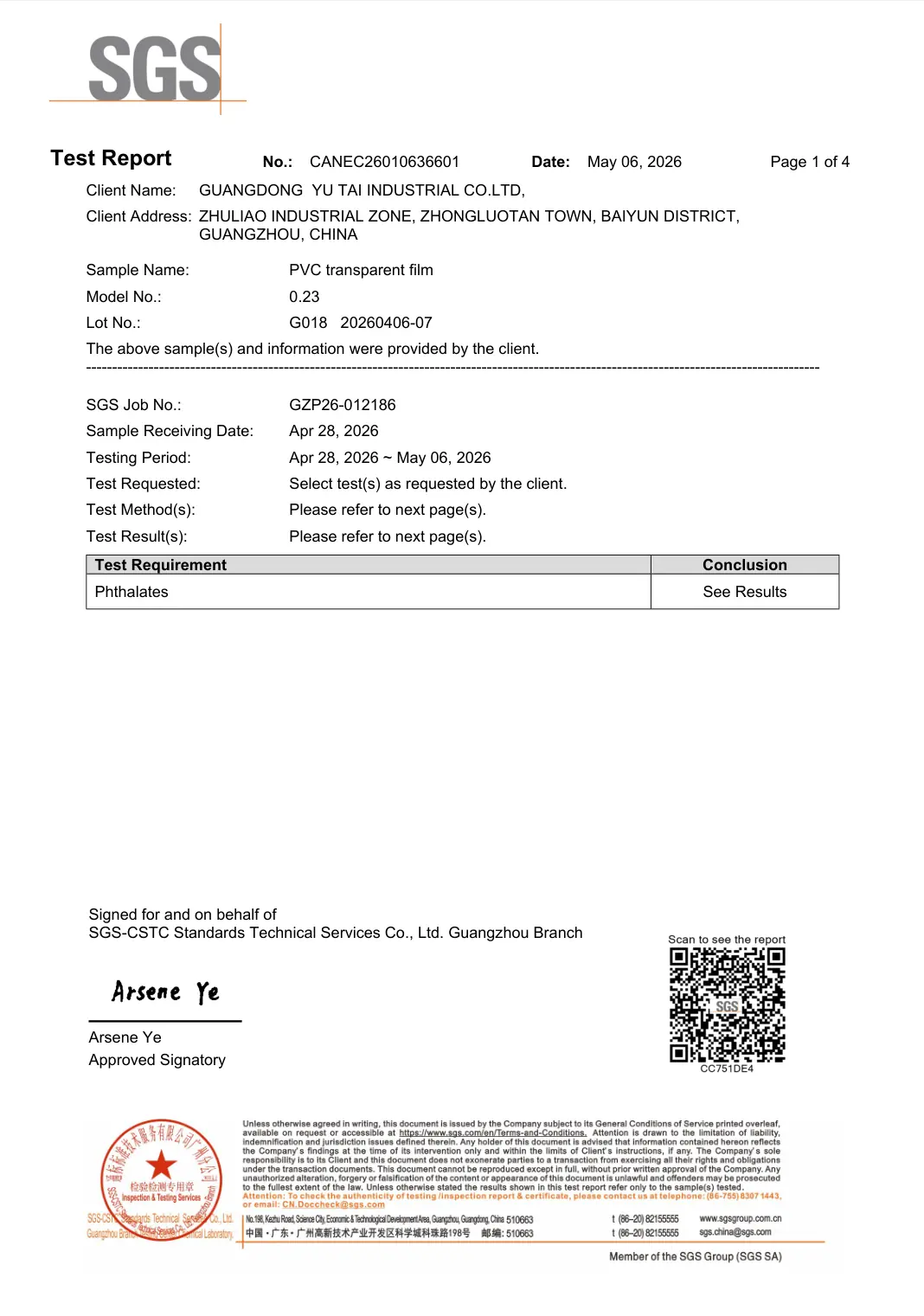 SGS certified PVC transparent film test report for phthalates, ensuring eco-friendly and safe PVC vinyl film rolls for global wholesale.